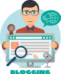 Flat composition with male blogger and computer vector