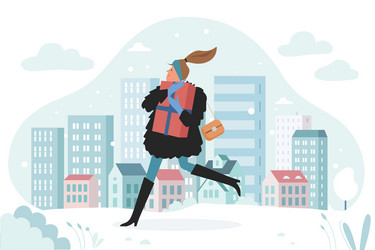 Christmas winter sales cartoon woman holding gift vector