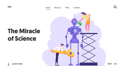 cyborg creating process website landing page vector