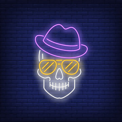 skull wearing hat and sunglasses neon sign Vector Image