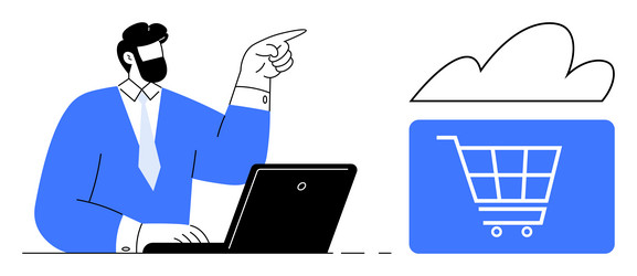 man using laptop and pointing towards cloud-based vector image