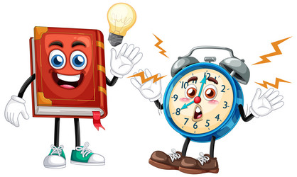 playful of a book and clock with expressive faces vector image