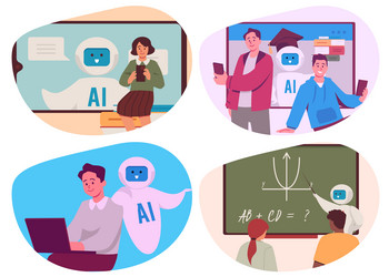 set of people learning with ai robots flat style vector image