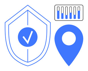 shield with checkmark location pin and bar graph vector image