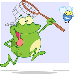 Frog chasing fly with a net vector