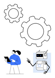 technology scene with cogs robot and a person vector image