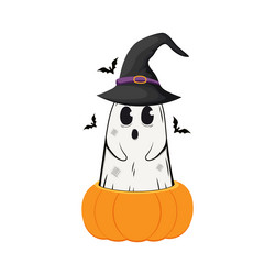 cartoon spooky ghost character with pumpkin vector