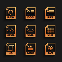 set xml file document mov avi xls js and html vector image