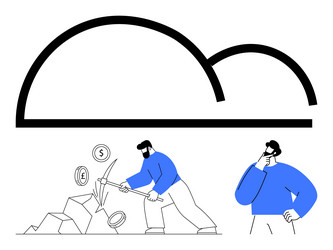 man mining cryptocurrency under cloud and another vector image