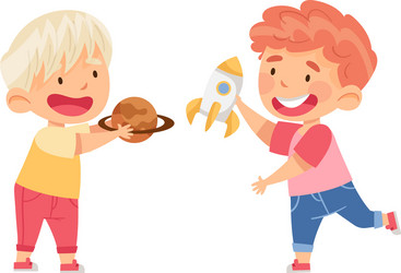 little boys playing with toy rocket and planet Vector Image