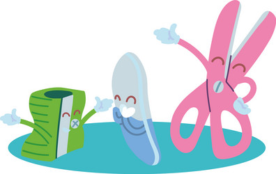 sharpener scissors and eraser with happy face vector image