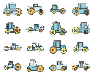 Construction road roller icons set color vector