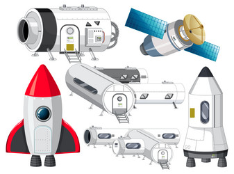 Set of spaceship and satellite objects vector