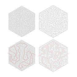 two complicated hexagon-shape labyrinths with red vector image