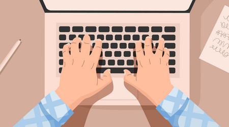 Hands at work behind a laptop keyboard vector