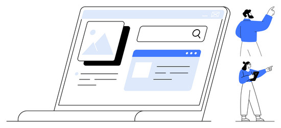team exploring web page interface with search bar vector image