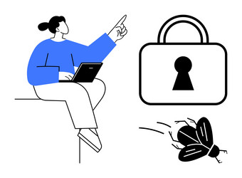 person with laptop pointing at lock and bug vector image