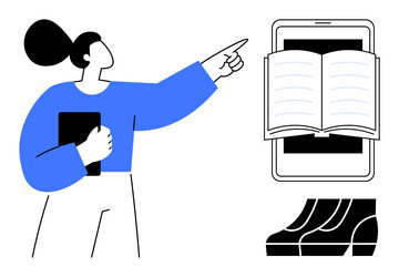 woman pointing towards mobile device displaying vector image