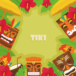 hawaiian tiki cartoons with flowers frame vector