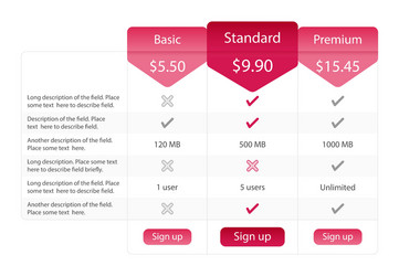 light pricing table with 3 options and one vector image