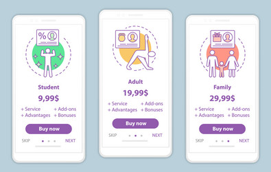 Subscription prices onboarding mobile app screens vector