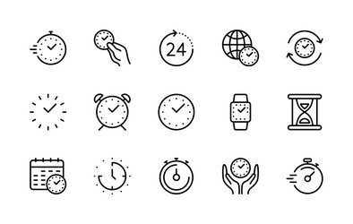 Time and clock linear icons set vector