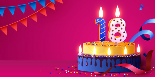 18 years anniversary cake with burning candles vector