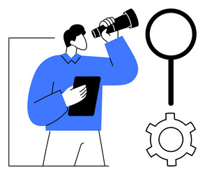 man searching with telescope and tablet next vector image