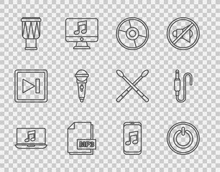 set line laptop with music note power button cd vector image
