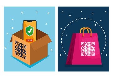 qr code over shopping bag box and smartphone vector image
