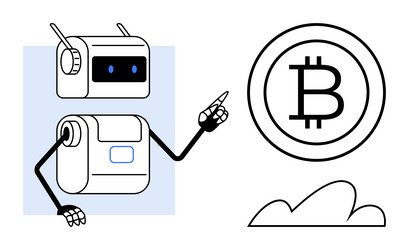 robot pointing to bitcoin symbol above cloud vector image