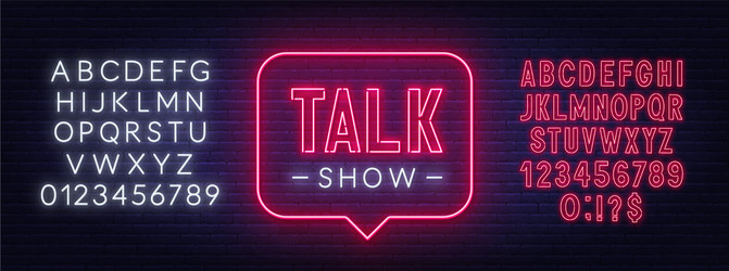 Talk show neon sign on brick wall background vector