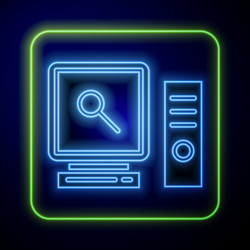 Glowing neon search on computer screen icon vector