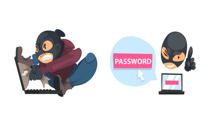 hacker in black mask breaking password and mobile vector image