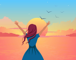 girl joyfully greets sunset vector