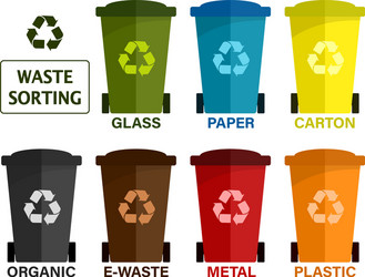 set flat colored garbage bin with waste types vector