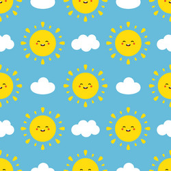 Sun characters and clouds seamless pattern vector