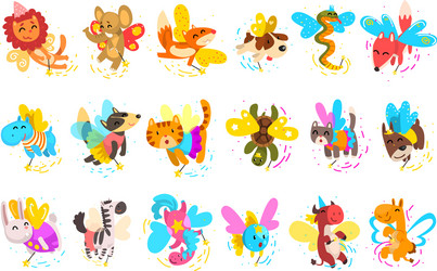 Big set cute winged animals with magic wands vector