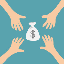 Four hands arms reaching to money bag dollar sign vector