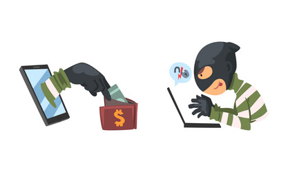 Hacker in black mask breaking password and mobile vector