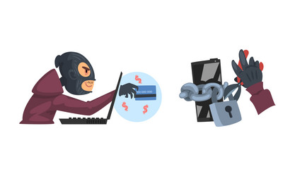hacker in black mask breaking password and mobile vector image