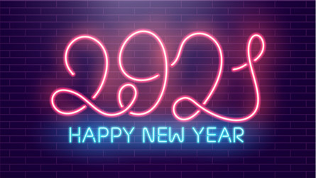 2021 happy new year neon lamps on brick wall pink vector