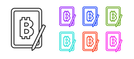 black line mining bitcoin from graphic tablet icon vector image