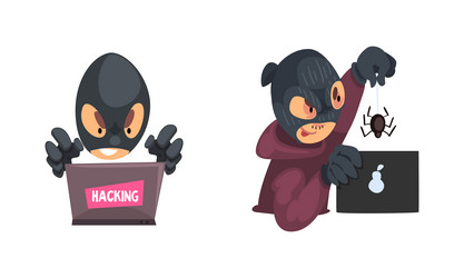 Hacker in black mask breaking password and mobile vector