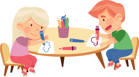 little boy and girl at table drawing with felt Vector Image