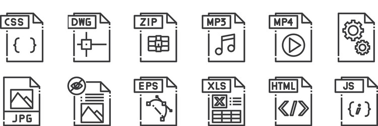 12 set linear file type icons thin outline vector