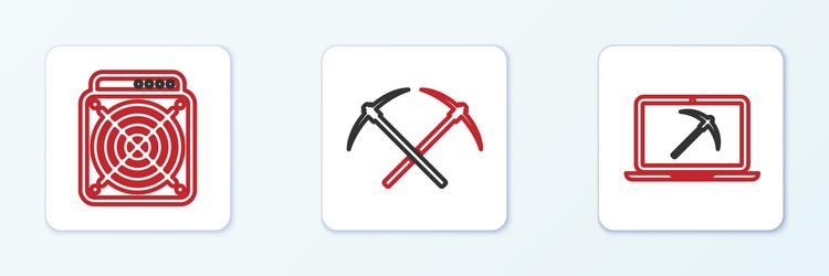 set line mining with laptop and pickaxe asic vector image