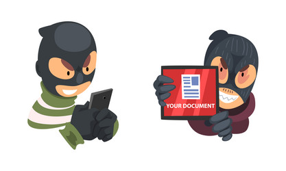 hacker in black mask breaking password and mobile vector image