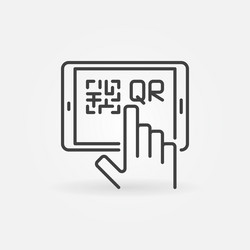 Hand and tablet with qr code linear concept vector