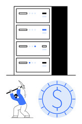 worker mining cryptocurrency below server stack vector image